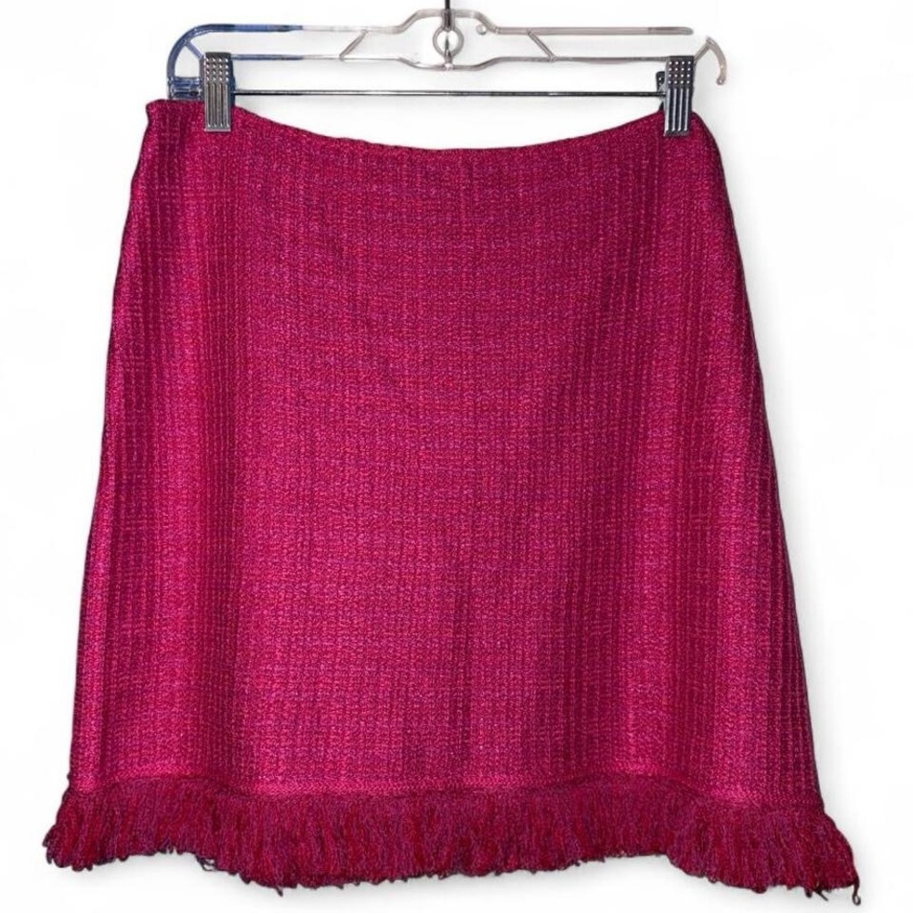 St John Fuchsia Pink Tweed Fringe Wool Blend Knit Skirt Size 10.